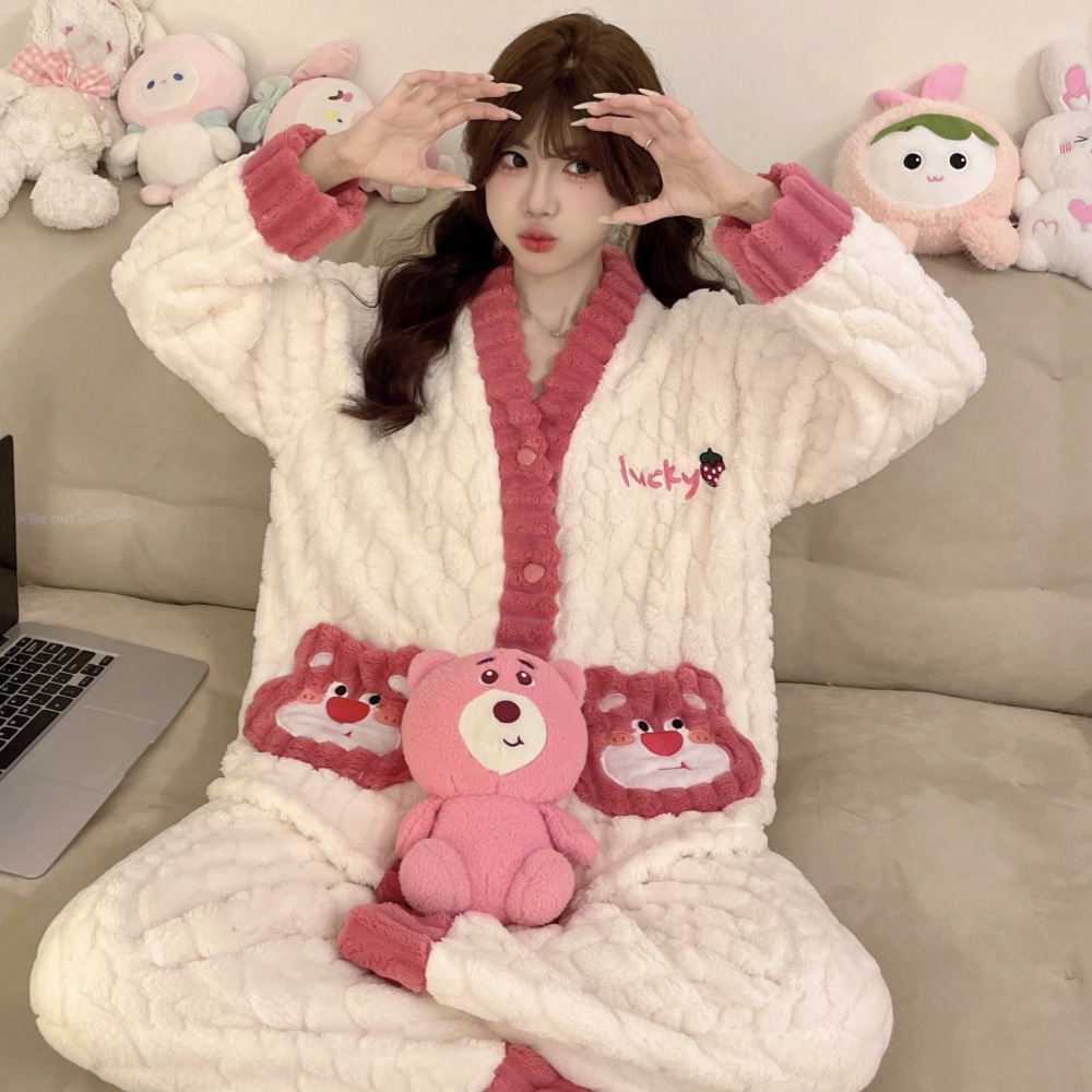 Coral Velvet Pajamas for Women in Autumn and Winter New Style Fleece-Lined and Thickeneded Cartoon Cute Warm Home Clothes Can Be Worn Outside the Suit