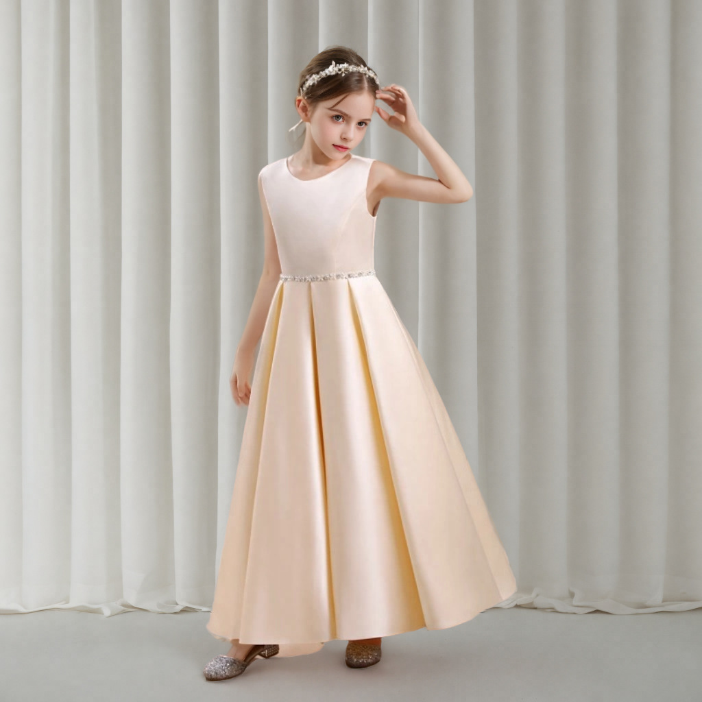 Mädchen Satin Kleid Ärmellos Mit Rundhals Für Chor Und Auftritte_voghion.com