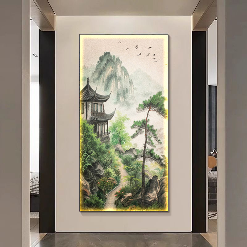 山水入户玄关装饰画新中式客厅风景走廊过道挂画书房茶室led灯画|undefined