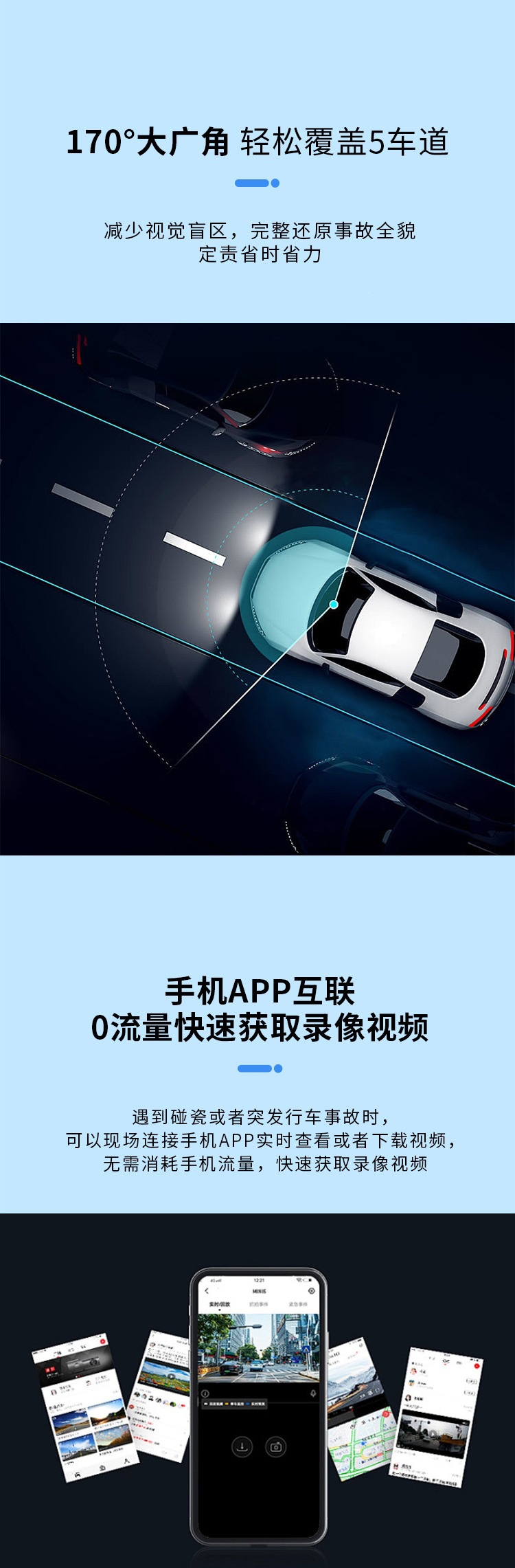 Cross-border triple-camera high-definition night vision car interior and exterior parking monitoring WiFi mobile phone connected dashcam