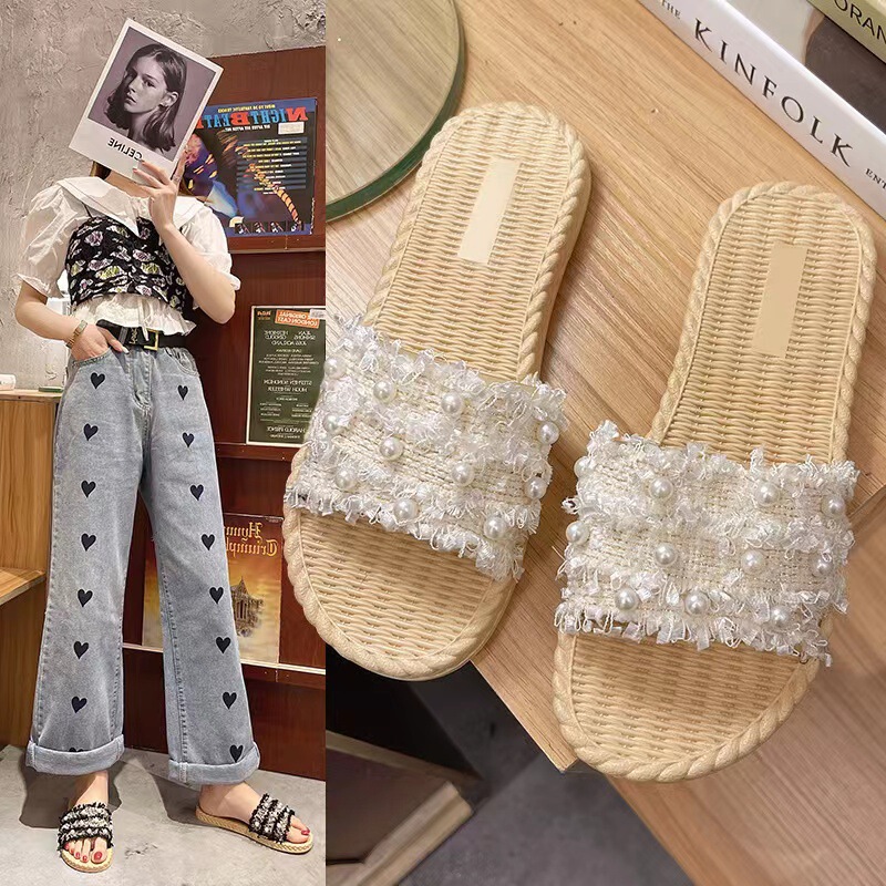 2025 Internet Celebrity Slippers Home Imitation Straw Travel Slippers Summer Outer Wear Ethnic Style Beach Flat Sandals