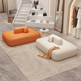 Simple Fabric Sofa for Beauty Salon, Shopping Mall, Clothing Store, Rest Area Reception, Double-Sided Straight Row, Leather Cream Style