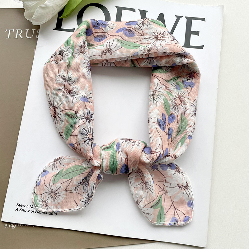 58 algodón y lino pequeña bufanda cuadrada estilo coreano de las mujeres fresco floral artístico elegante todo-fósforo decorativo pequeña bufanda banda de pelo bufanda