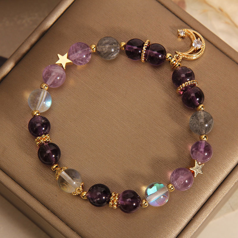 Pulsera de amatista natural hembra ins nicho Luz de lujo retro gris luz de la luna estrella Luna pulsera regalo para novias estudiantiles