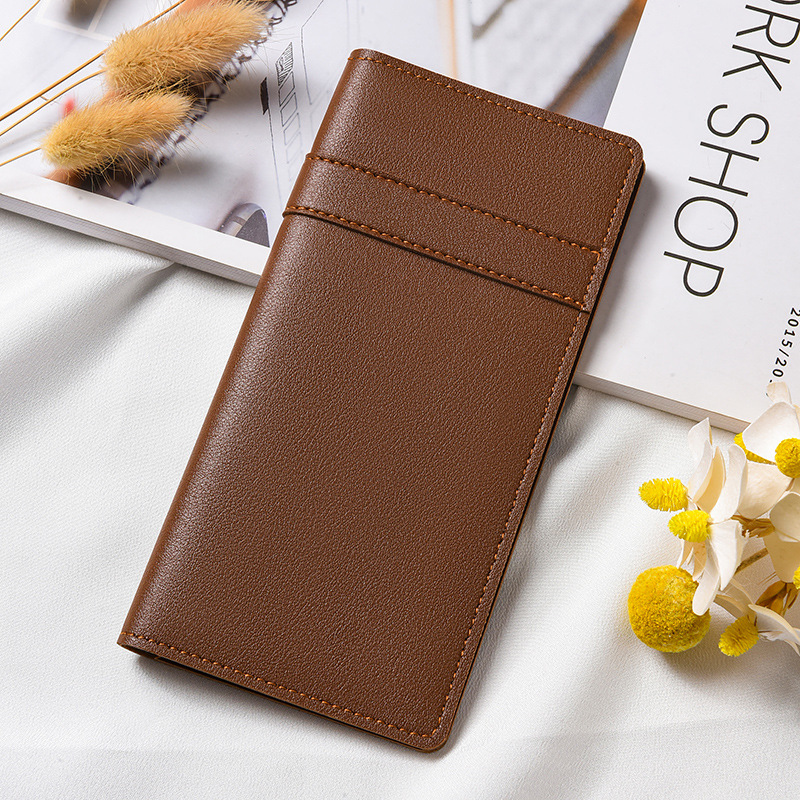 Cartera larga de color liso con diseño de patchwork para mujer, bolso de mano ligero con cierre, tarjetero con múltiples ranuras para tarjetas, cartera de cuero versátil y moderna.