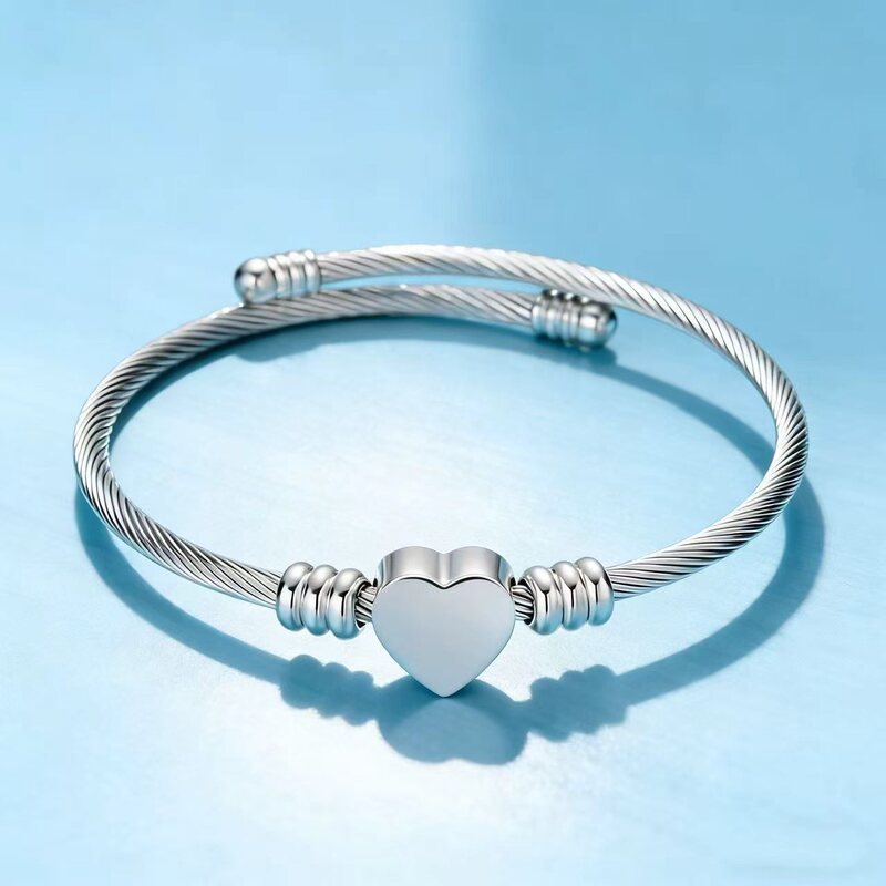 Cool Lei Jewelry Stainless Steel Wire Rope Cable Titanium Steel Heart Bracelet DIY Engraved Heart Jewelry Wholesale