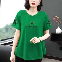 跨境宽松短袖印花t恤女2023新款中年时尚妈妈装夏季圆领韩版大码