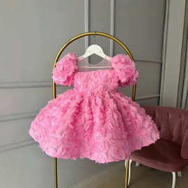 全立体花玫粉女童裙泡泡袖设计2026款跨境外贸派对演出法式公主裙