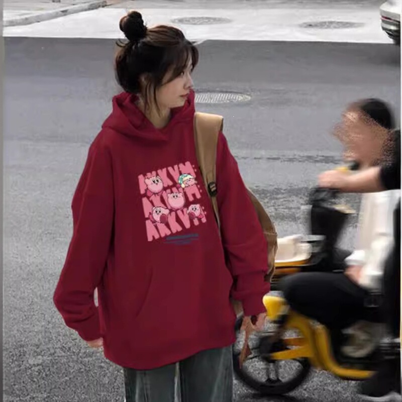 Premium Chinese cotton autumn and winter cute Kirby print hooded sweatshirt for women, versatile loose fit long-sleeve hoodie for students Premium Chinese cotton autumn and winter cute Kirby print hooded sweatshirt for women, versatile loose fit long-sleeve hoodie for students