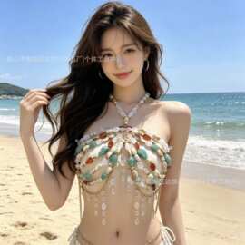 达悦旺欧美跨境挂脖彩色宝石珍珠身体链 胸链 辣妹演出服沙滩服饰
