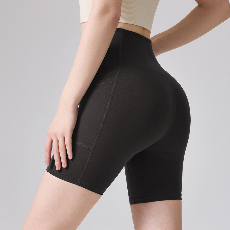 Verano nuevo N66 Laica alto elástico ángulo plano pantalones cortos de yoga apretados bolsillos grandes dobles cintura y abdomen para elevar el estómago