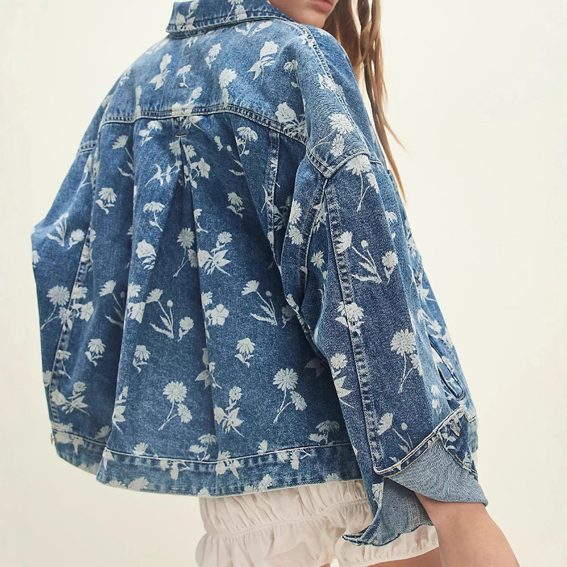 Cross-Border European and American Autum New Denim Jacket for Women, Women's Printed Loose Denim Jacket