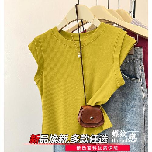 Pure-color regular shoulder, high-waisted plus-size youthful trendy flutter sleeve t-shirt for women, summer design sense, niche top, fashionable