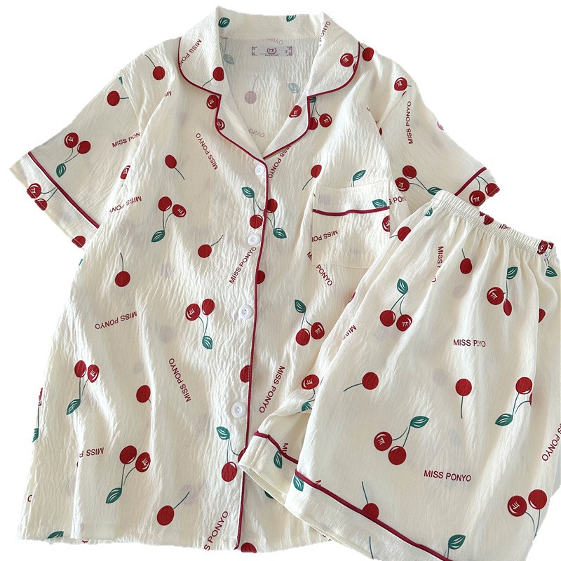 Nube de algodón pijama de mujer impresa cardigan dos piezas de verano nuevo dormitorio grande suelto se puede usar ropa de hogar