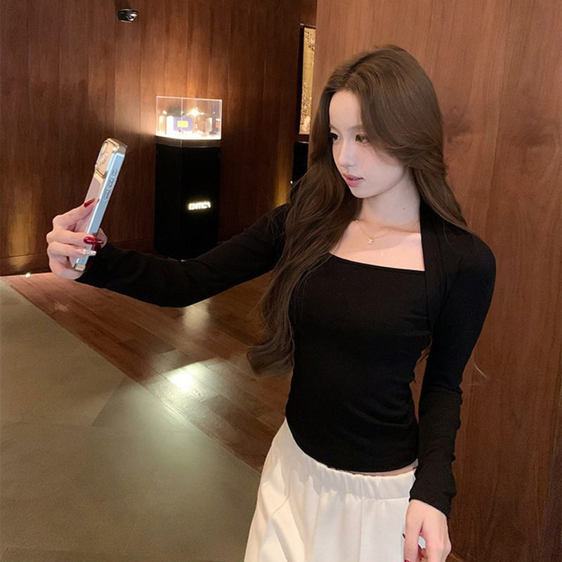 2026 Spring Collection Heartbeat Sunday Fake Two-Piece Square Neck Long Sleeve T-Shirt for Women, Stylish Slim-Fit Knitted Base Shirt