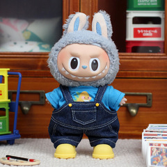 服のみ】17cm布の子供服のゴムのストラップの人形の服のデニムのバックパンツの心のマカロン