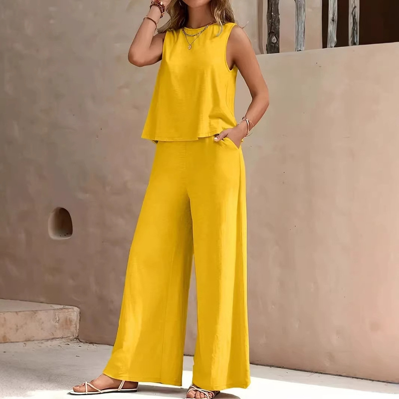 Cross-Border Popular Two-Piece Set: Round Neck Sleeveless Vest and Wide-Leg Pants Set, Casual Versatile Solid Color Long Pants Set
