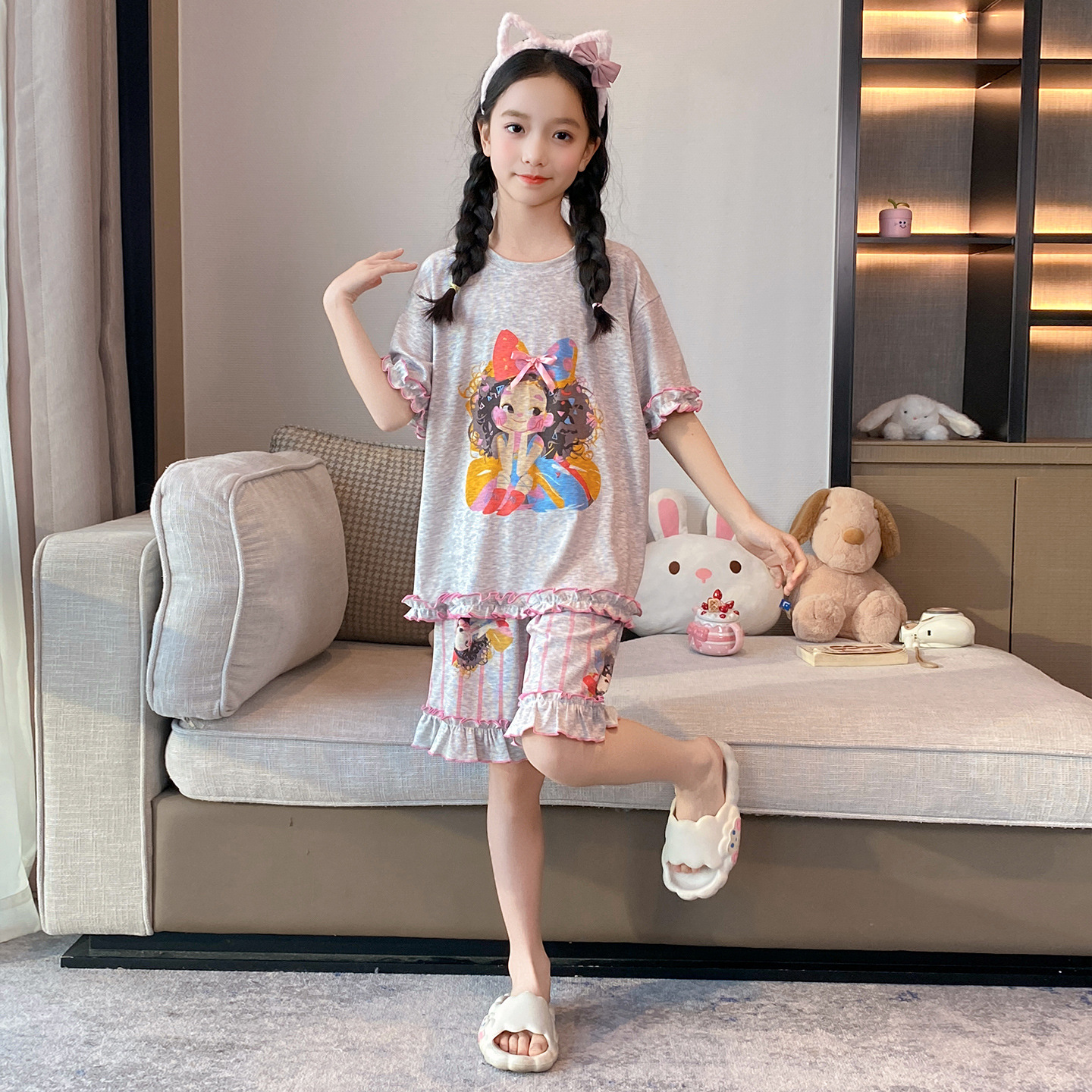 Pijamas de niñas para niños de verano modelo ultra delgado de manga corta 2026 nuevo estilo de verano de ropa de casa para niños mayores