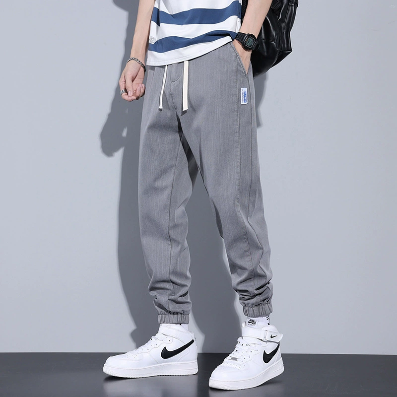 Silk summer thin jeans for leisure, elastic trousers, oversize, drawstring