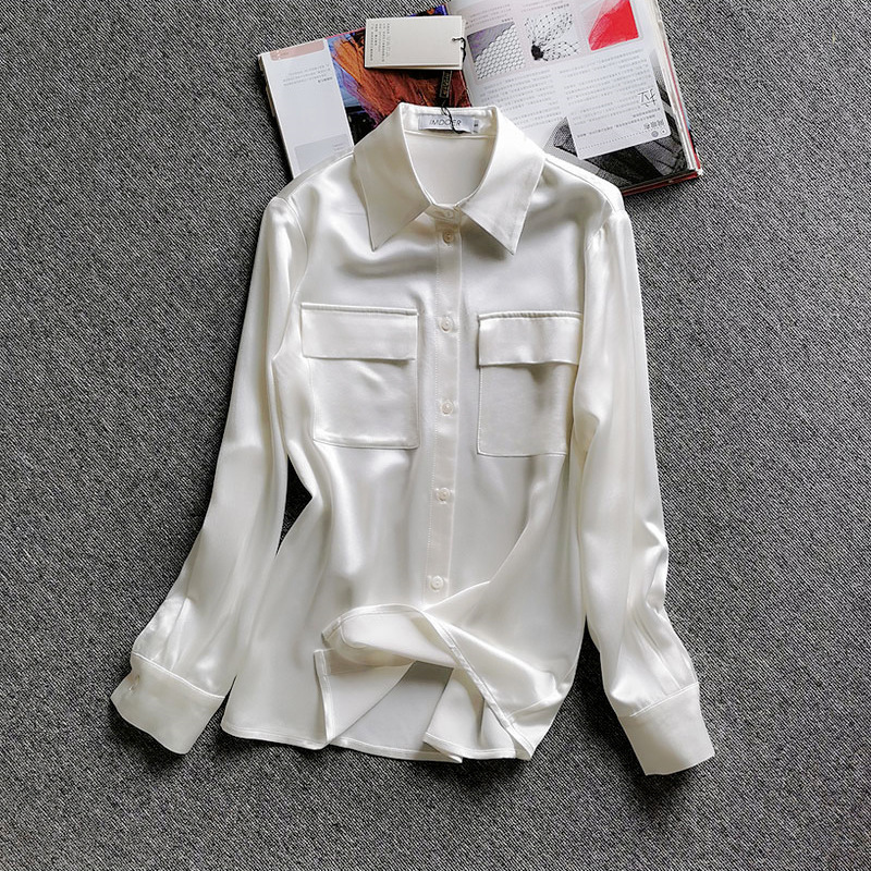 白色缎面衬衫女长袖2022年夏装新款上衣职业气质衬衣复古港味