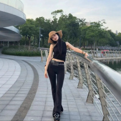 ANN 南油新款黑色阔脚长裤微喇烫钻腰头瑜伽裤女高腰提臀