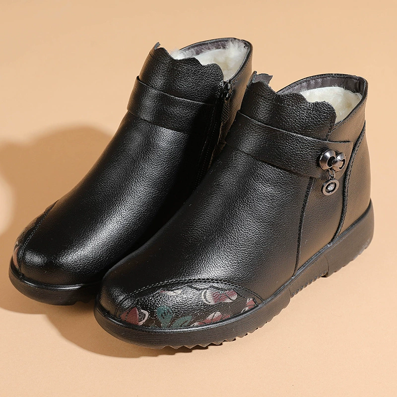 Women’s winter leather ankle boots, first‑layer cowhide + microfiber, wool‑lined, non‑slip