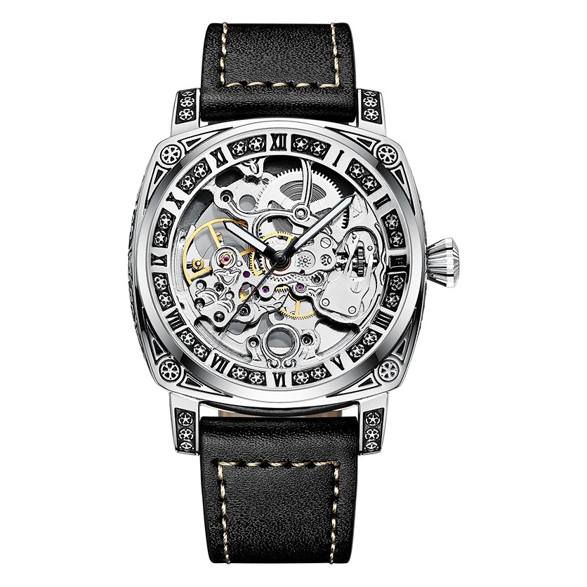 Nuevo reloj mecánico automático de los hombres cuadrados retro nacional moda tallada impresa caso moda cinturón reloj mecánico