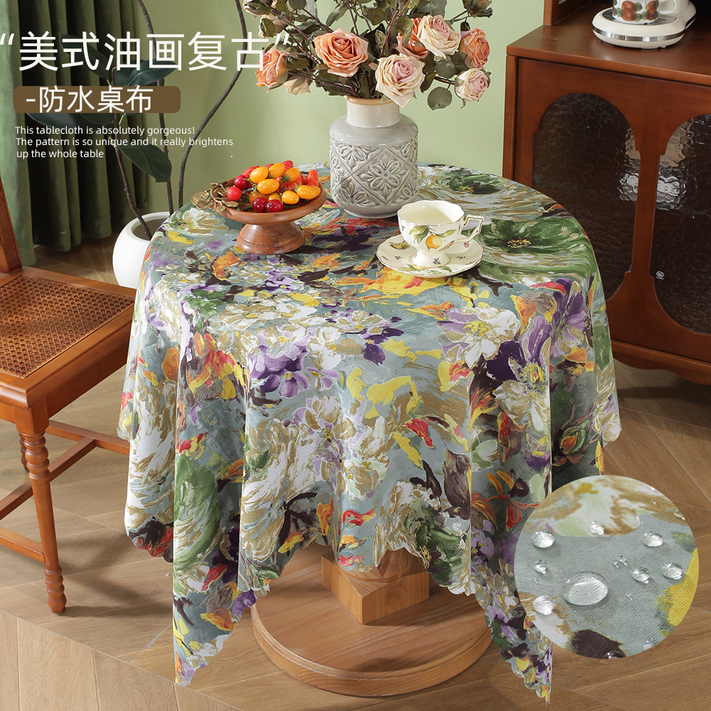 跨境美式油画圆形餐桌布防水防油耐脏小圆台高级感盖布装饰复古厂