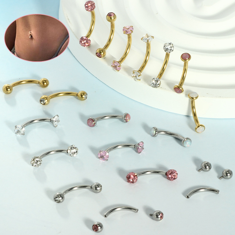 Stainless Steel Curved Barbell Navel Ring 14G Internally Threaded Double-Ended Round Zircon Opal Belly Button Piercing Jewelry detail image 5