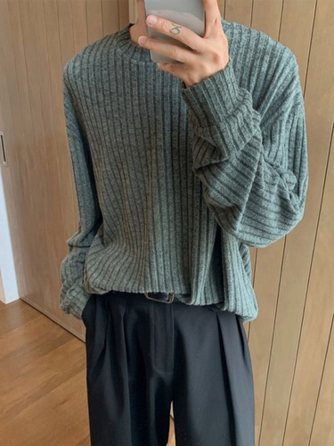 Light Gray Knit Long-Sleeve T-Shirt for Men - Spring and Autumn Season Cleanfit Base Shirt - Relaxed Style High-end Crew Neck Sweatshirt