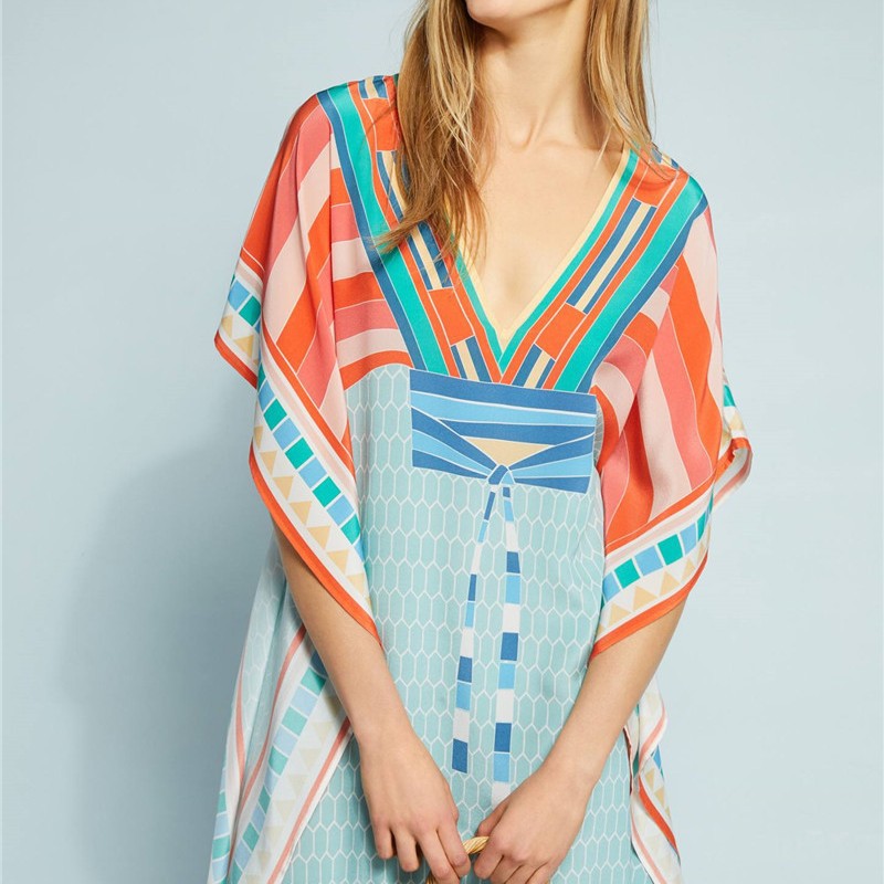 Blusa de playa europea y americana de secado rápido delantero y trasero con cuello en V posicionamiento impreso suelto Vestido de playa vacaciones blusa túnica 1D38