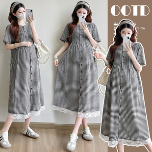 Real Shot of Maternity Summer Dress 2025 New Lace Splicing Mid-Length Pleated Dress with Open Buttons for Breastfeeding
