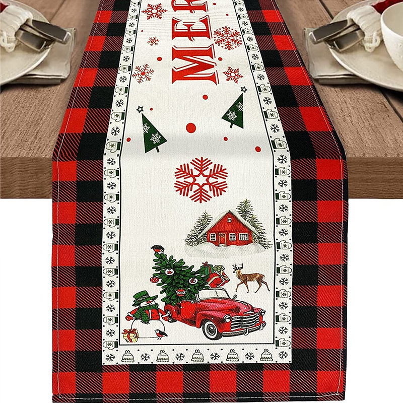 Camino de mesa navideño con estampado de muñeco de nieve y Santa