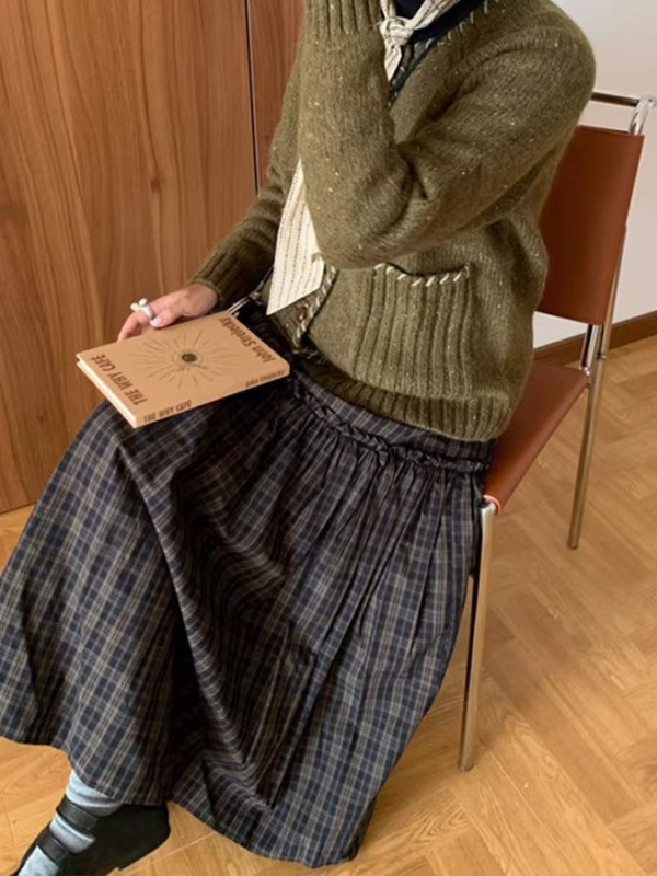 复古格纹拼接分割中长款半身裙女春秋通勤百搭松紧腰a字大摆伞裙|undefined