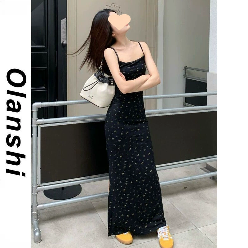 Французская нежная юбка на подтяжках с цветочным принтом, женственное черное длинное платье в стиле богини для похудения