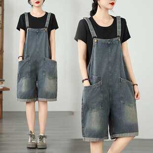Real Shot in Stock #   Literary Plus Size Summer New Creative Large Pocket Suspender Denim Shorts