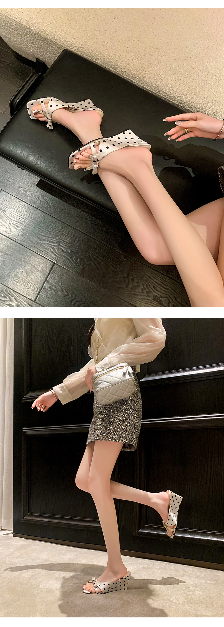 Sandal cao gót nữ hở mũi mũi vuông phong cách Pháp, quai ngang nơ bướm, đế xuồng chấm bi — màu đen, màu trắng chi tiết 8