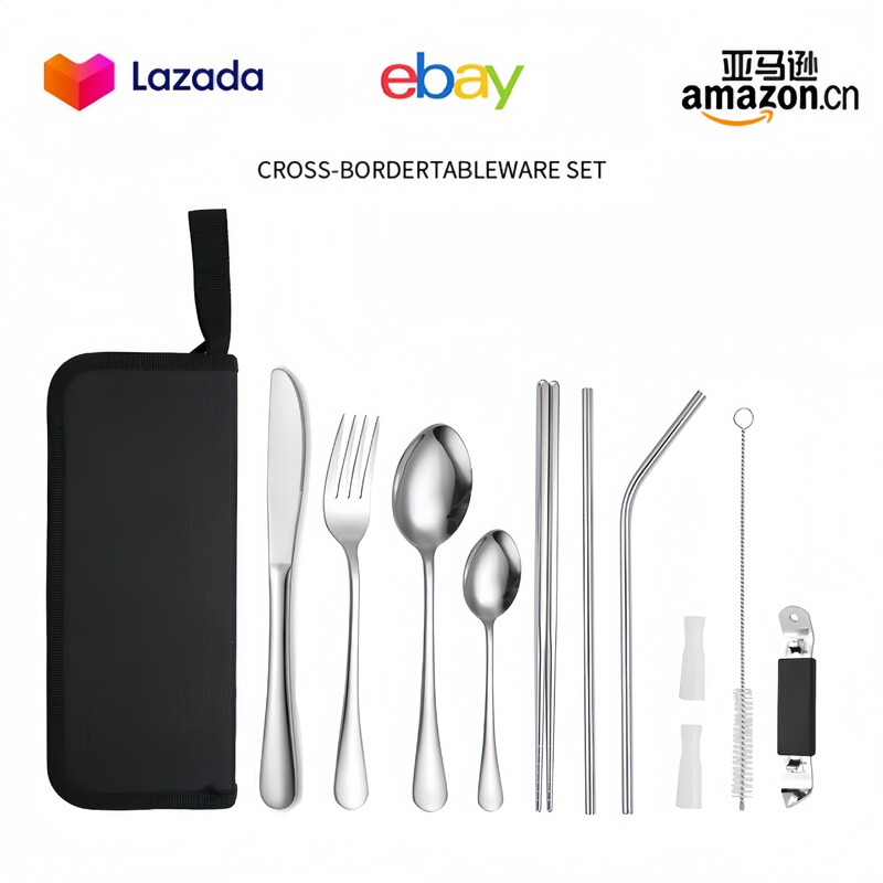 Cross-Border Amazon Stainless Steel Cutlery Set Outdoor Picnic Knife, Fork, Spoon, Chopsticks, Straw 8-Piece Set with Storage Bag