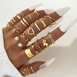 欧美跨境蝴蝶戒指开口多关节戒指套装22件套爱心戒指女设计感小众