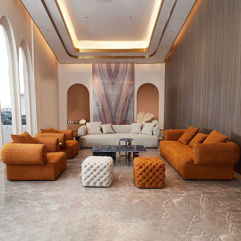 Italian light luxury CC satin leather sofa, Italian-style sand discovery modern villa large flat woven leather art sofa