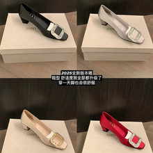 羊皮苏茵茵同款方头方扣水钻高跟鞋女绸缎粗跟单鞋ol通勤宴会婚鞋