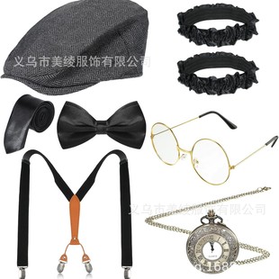 Men's Beret 1920s Theme Halloween Christmas Party Topper Pocket Watch Strap Bow Tie Prom Tie