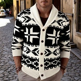 Cross-Border Export Men's Clothing European and American Retro Heavy Industry Jacquard Knitwear Lapel Thickeneded Thick Needle Knitwear Jacket Sy0144