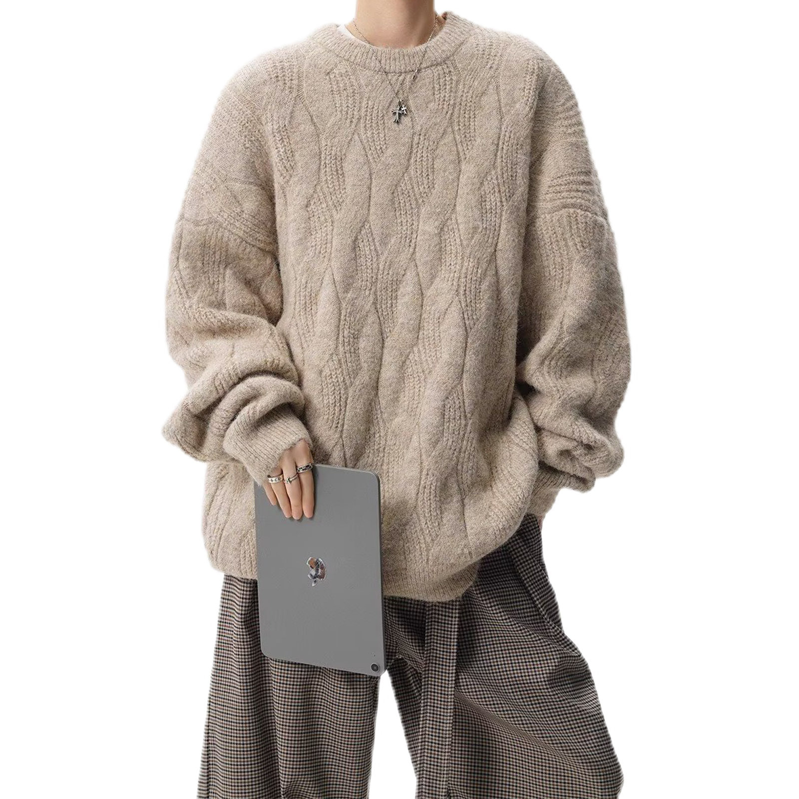 Explosiones transfronterizas de tamaño europeo de tamaño grande torcido cuello redondo jersey suéter masculino base exterior invierno fábrica de suéter al por mayor