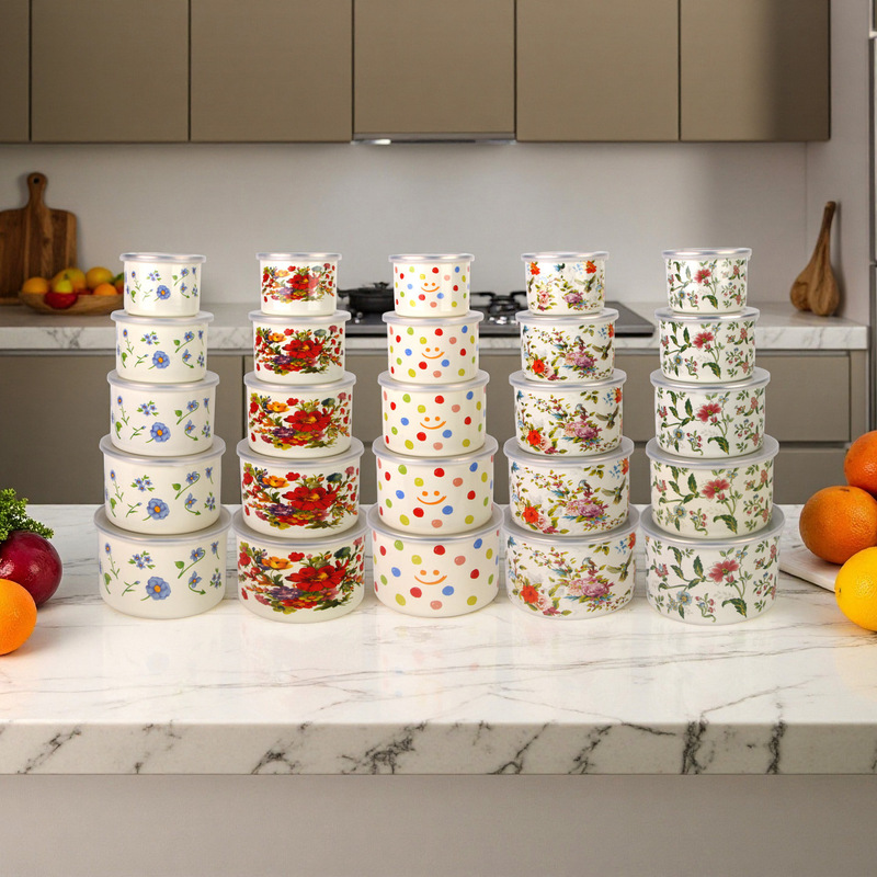 Cross-Border Enamel Preservation Bowls, Heightened and Thickened Five-Piece Set, Enamel Ice Bowls, Refrigerator Storage Sealed Containers, Storage Jars, Dropshipping