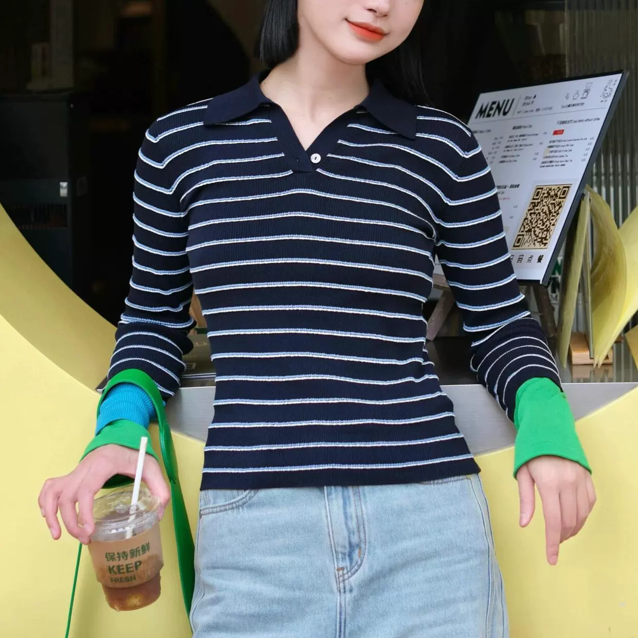 SW黑色条纹Polo衫女2026春新款修身V领打底衫撞色袖女上衣A1MY247