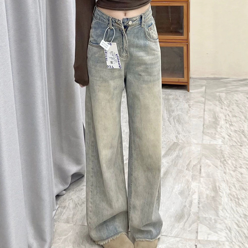 American retro washed wide-leg jeans for women, high-waisted, loose, straight-leg, with raw hem, slimming, flowing, floor-length, trendy American retro washed wide-leg jeans for women, high-waisted, loose, straight-leg, with raw hem, slimming, flowing, floor-length, trendy