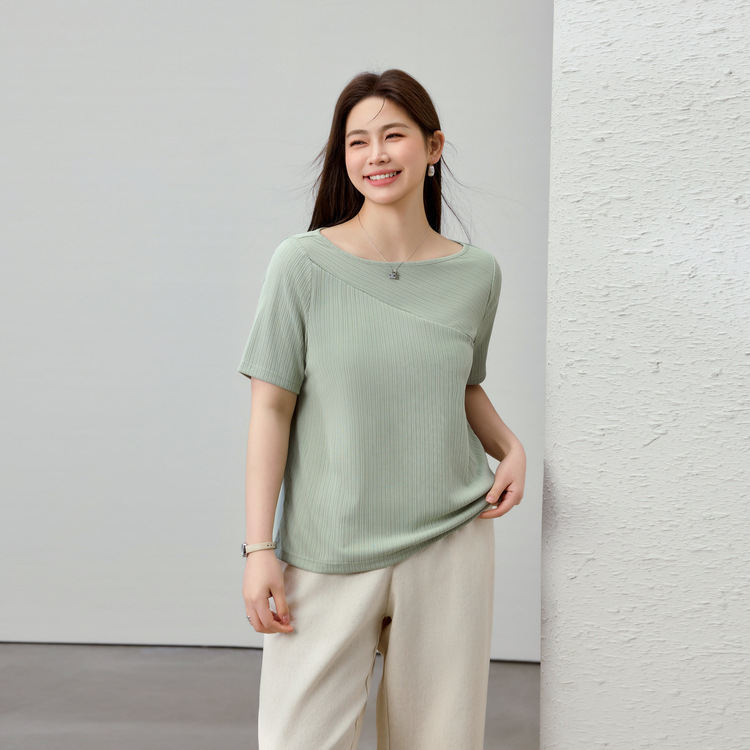 [Design Sense Boat Collar Fashion Texture Sense Joker T-shirt] Slim Show plus size Women's Fat mm2025 Spring New