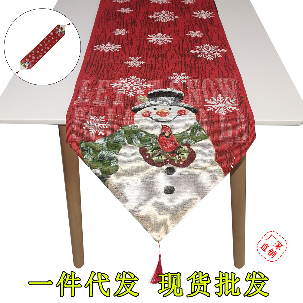 2021年圣诞新品圣诞节桌旗棉麻雪人刺绣桌旗家庭餐桌装饰圣诞桌布