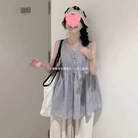2026蓝色格子无袖衬衫女夏季减龄宽松显瘦超好看中大童娃娃衫百搭